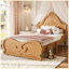 Lit plateforme vintage double sculpté avec tête de lit, cadre en bois massif, sommier à lattes, bois naturel, sans sommier tapissier, lit pour enfants et adolescents-376952977