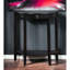 Console en demi-lune noire avec compartiment ouvert sur l'étagère inférieure, plateau en bois, 4 pieds carrés en pin massif, 1 tiroir, hauteur de 49,3 cm entre le plateau et l'anneau de fixation au sol de 12,7 cm.