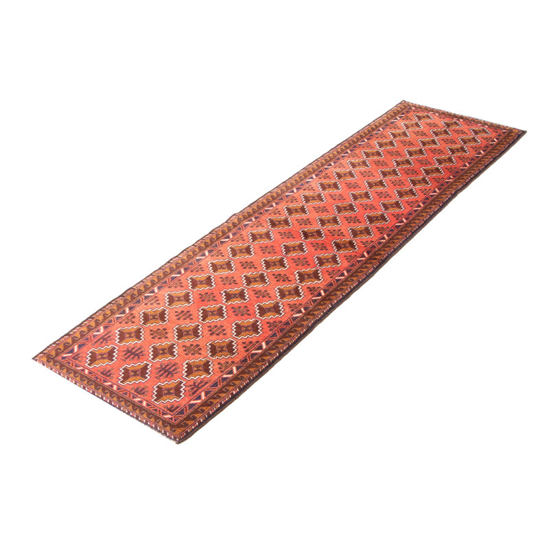 Tapis rouge en laine noué à la main de conception unique 2 pi 6 po x 9 pi 3 po Teimani