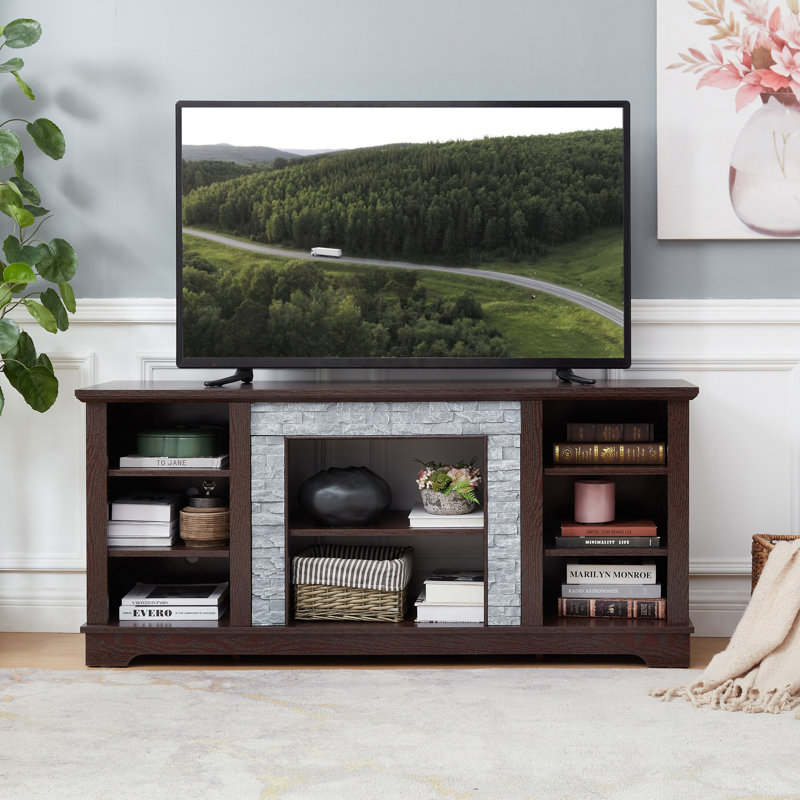 TV Media Stand With Faux Stacked Stone Surround, Modern Entertainment Console, Cherry