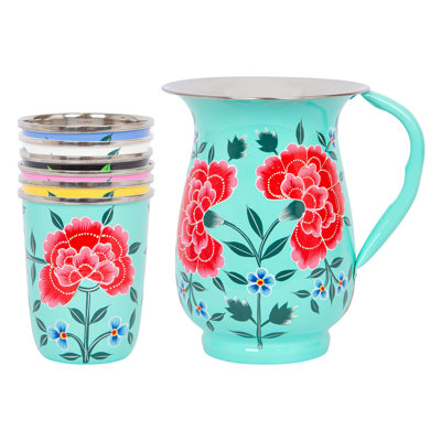 East Urban Home Hand-Painted Picnic Water Jug with 300ml Multicolour Cups - 1.7L - Mint Peony