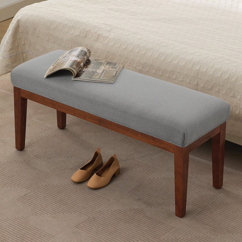 Banc rembourré en lin 44 po avec pieds en bois massif, Gris clair