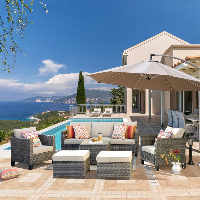 GRST Wicker 7 - Person Patio Conversation Set with Cushions, Beige