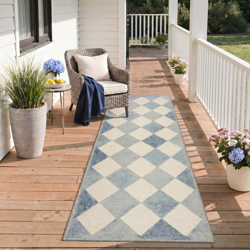 Teshayla Coastal Geometric Diamond Machine Washable Blue / Beige Indoor Area Rug with Non-Slip Backing, Runner 2' x 7'
