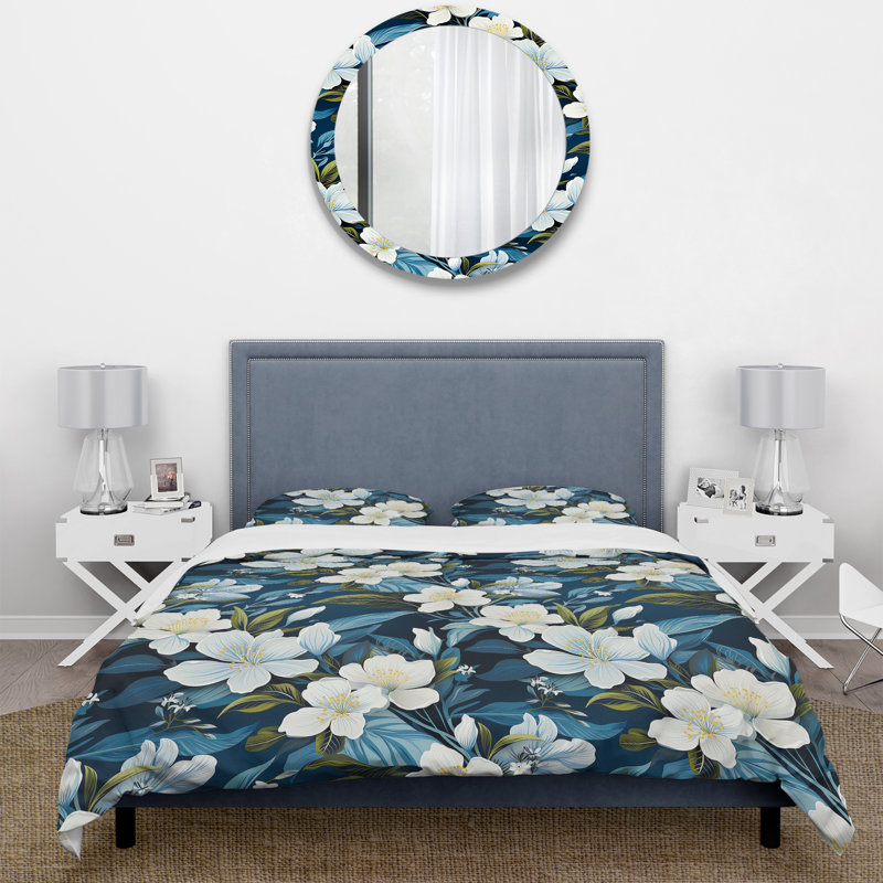 Literie Azure Mirage, Housse de couette pour grand lit et 2 taies décor