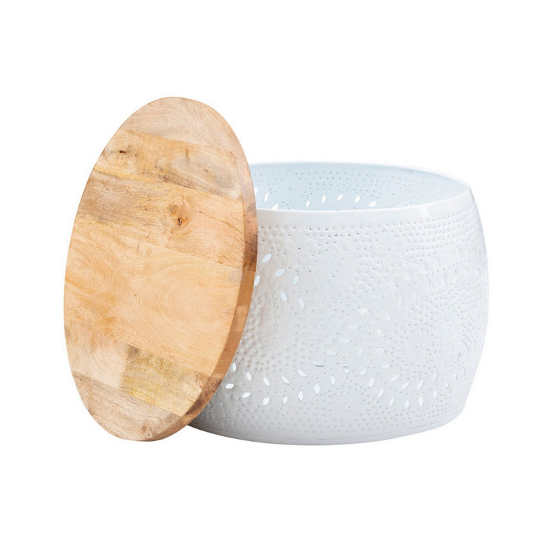 Grande table tambour Sylvie, H 18,5 po x l 27,5 po x P 27,5 po, Naturel / blanc