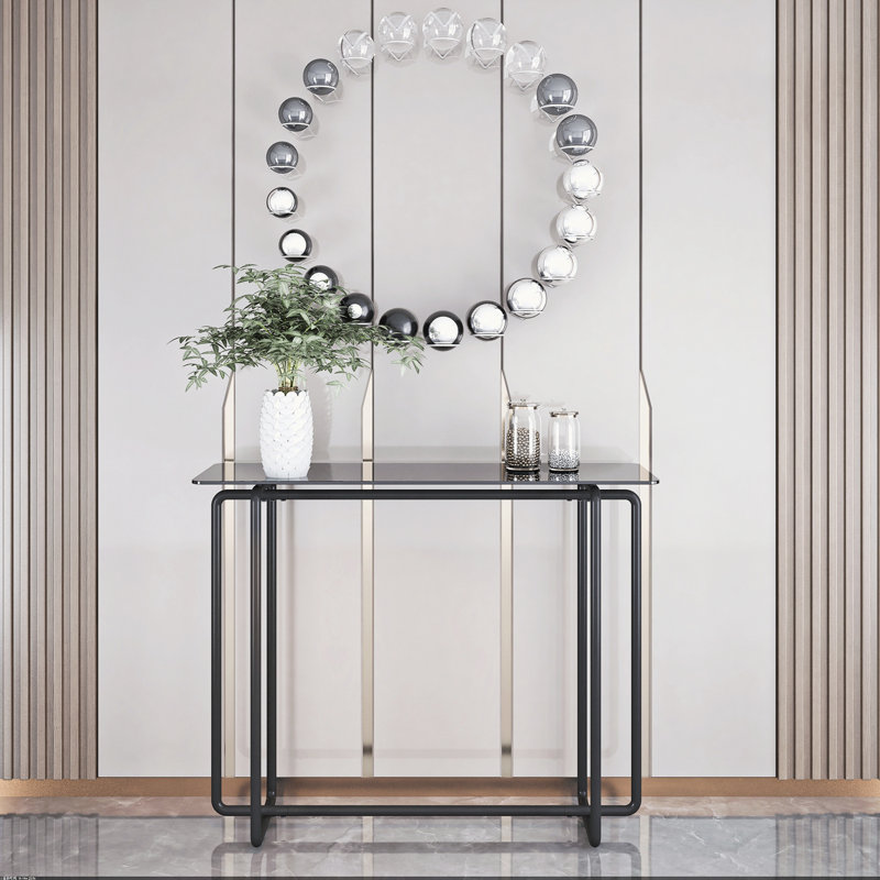 Console Table Single Layer Tempered Glass Rectangular Porch Table Leg Double Tempered Glass Tea Table, Black