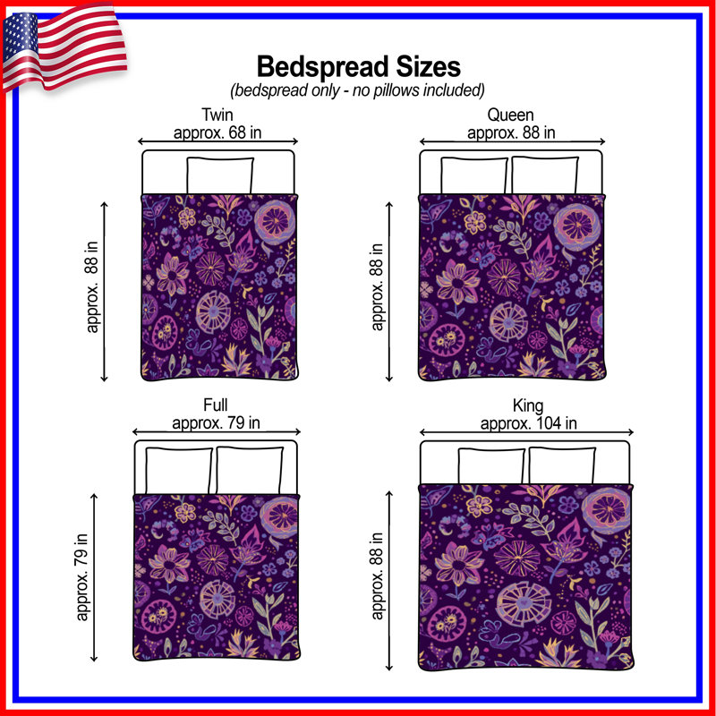Purple Botanical Floral Quilted Bedspread All Sizes, Twin