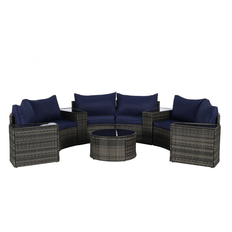 Outdoor Patio Furniture 11-Piece Half-Moon Sectional Round Patio Furniture Set Sofa With Tempered Glass Round Coffee Table