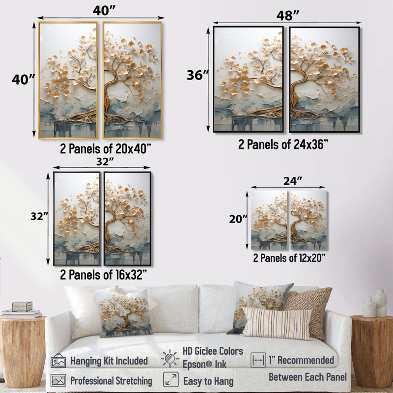Arbre doré dans un lac au début du printemps I - décoration murale moderne, H 36 po x l 48 po, Blanc