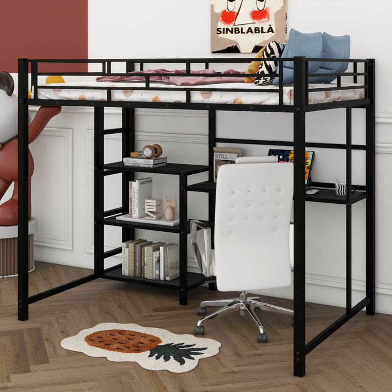 Lit mezzanine avec bureau, bibliothèque et tableau blanc Femke, Noir, Plein