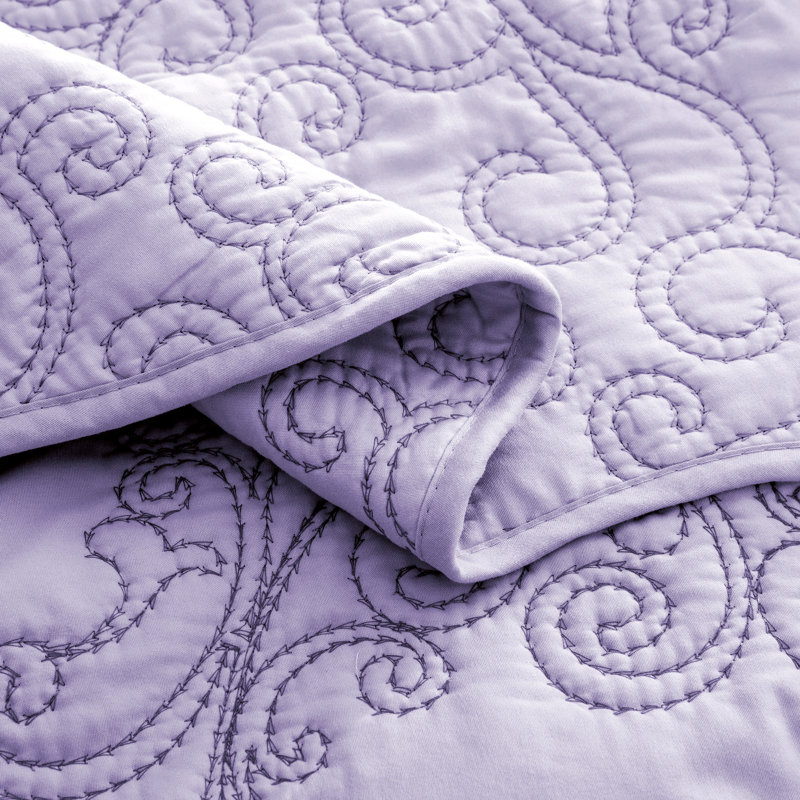 4 Piece Damask Oversized Embroidery Bedspread Set, King Quilt + 2 King Shams + Throw Pillow, Lavender Fog