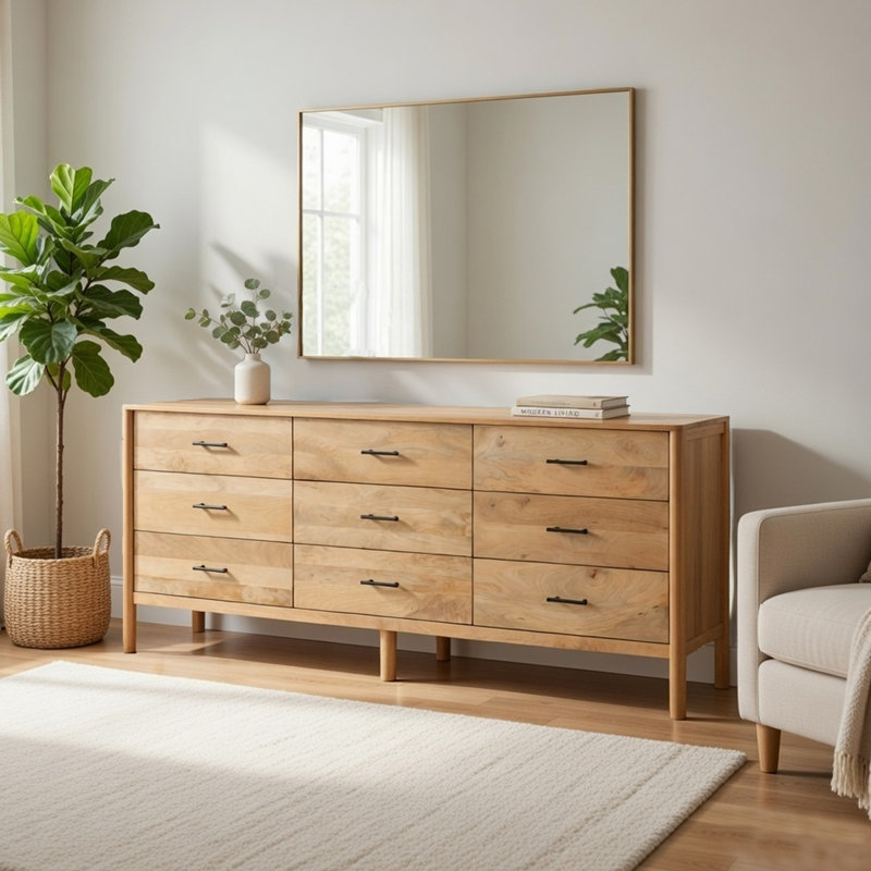 Marites 84 Inch Wide Dresser, 9 Spacious Drawers, Handcrafted Natural Oak White Mango Wood