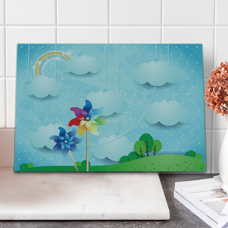 Ambesonne Pinwheel Cutting Board Large Size Clouds Rainbow Trees Multicolor