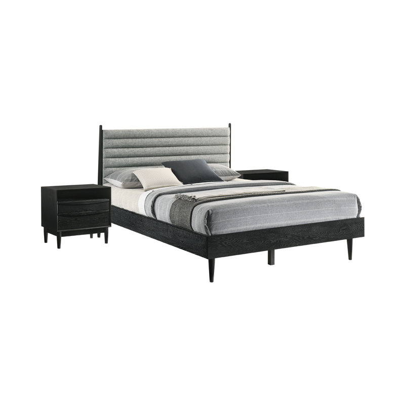 Greylynn 3 Piece Platform Bedroom Set in Wood with Gray Upholstered Headboard, Black, Queen
