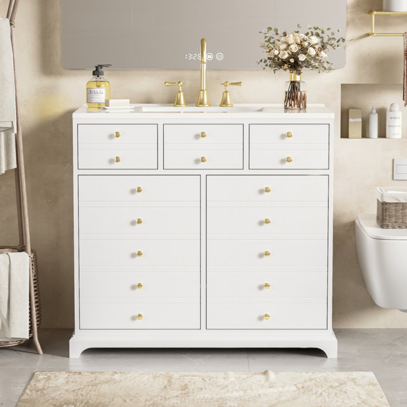 Ensemble de meuble-lavabo 36 po avec lavabo en céramique, armoire de rangement en bois massif, ensemble de meuble-lavabo autoportant avec 2 tiroirs et portes à fermeture douce