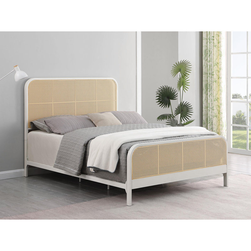 Begic Open Cane Webbing Metal Bed, Antique White, Queen
