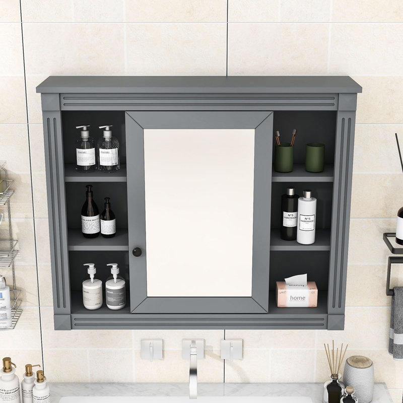 Yavonda Modern Wall Mounted Bathroom Storage Cabinet with Mirror and 6 Open Shelves, Gray
