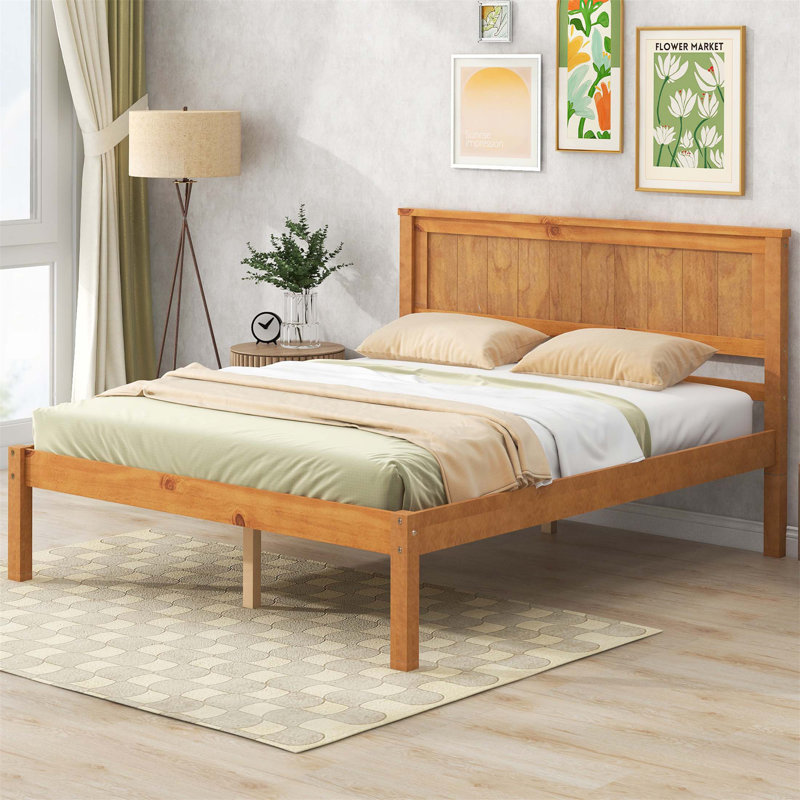 Lit plateforme élégant avec tête de lit, support en lattes de bois, aucun sommier nécessaire, design rustique et moderne