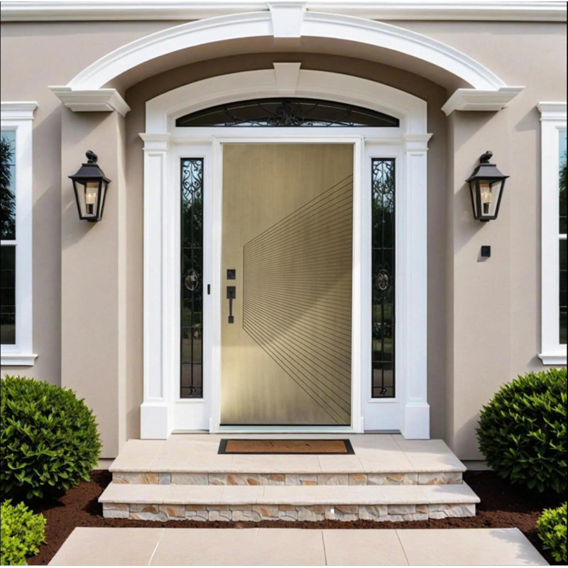 Modern Exterior Fiberglass Entry Front Door Metallic Finish With Complete Vinyl Frame, Antique Brass,  Right Hand