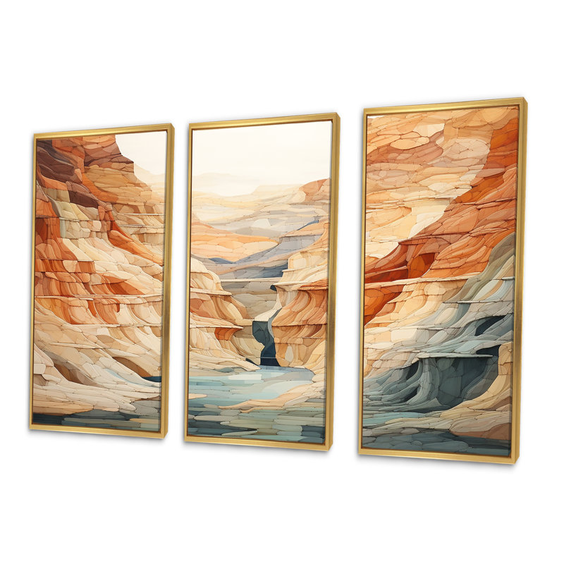 Minimalisme Canyon Scenery - Ensemble de décoration murale Canyon, Cadre flottant doré, H 32 po x l 48 po x P 1 po