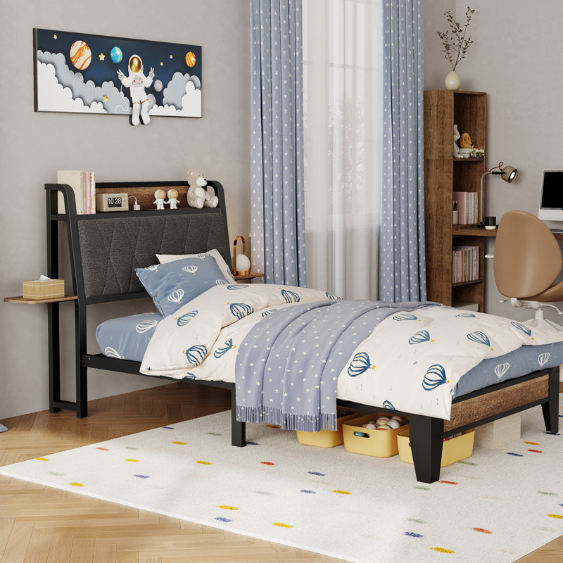 Upholstered Platform Bed With Charging Station Ergonomic Headboard And Side Storage Shelf, Twin, Black