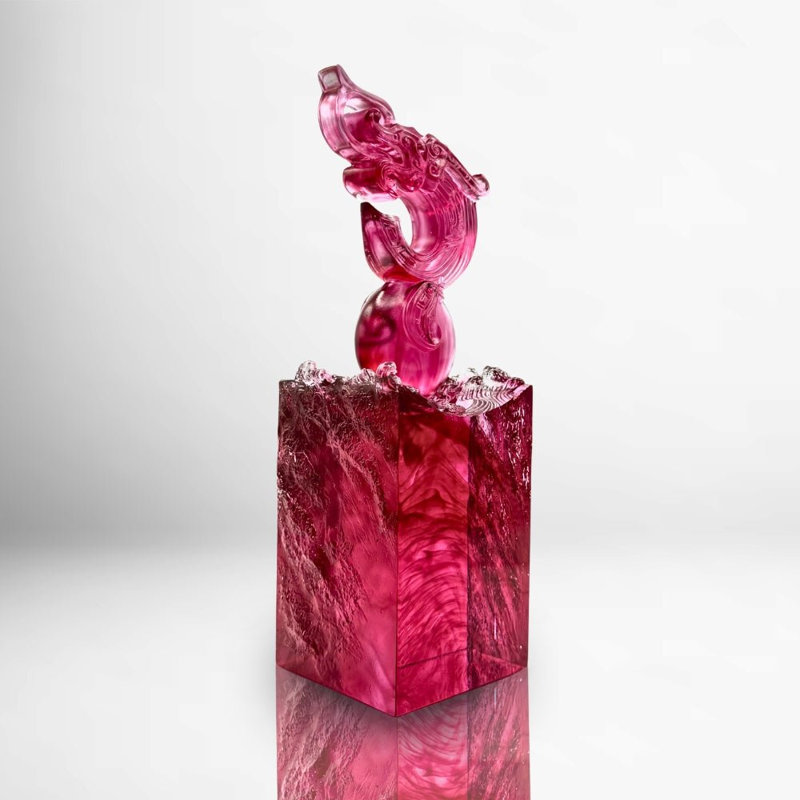LIULI Crystal, Dragon Sculpture, Ocean wave | Signet of Courage (Gold Red)