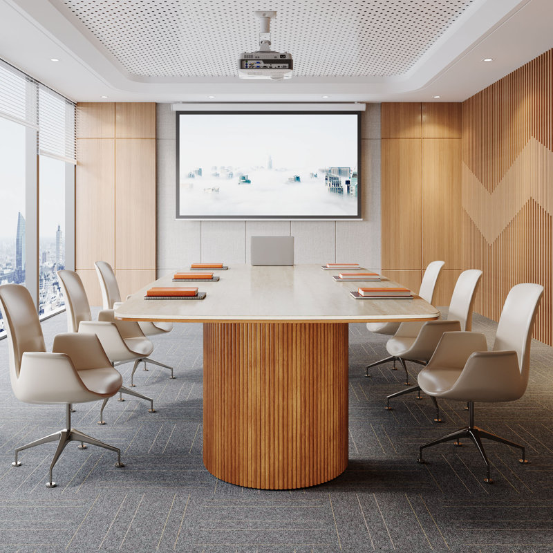 Conference Table With Unique Travertine Slab Top And Semi-Circular Stripe Base