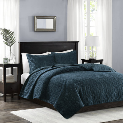 Courtepointe en velours bleu sarcelle double / grand - 3 pièces avec matelassage géométrique pour un lit élégant, 1 courtepointe, 2 taies décoratives, rembourrée de coton, facile à nettoyer et à entretenir