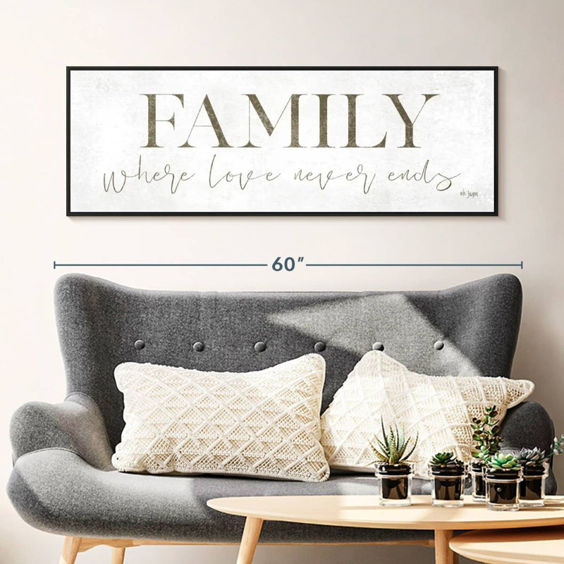Plaque murale «Family Where Love Never Ends», Cadre flottant noir, 49 po x 17 po