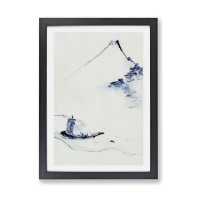 'Boat on A River by Mount Fuji' - Picture Frame Painting Print on Paper