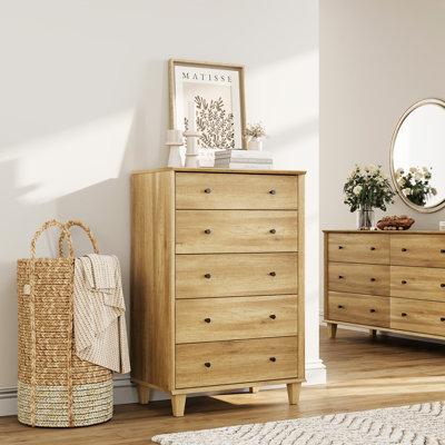 5 Drawer Dresser For Bedroom, Tall Modern Chest Of Drawers,Light Oak by Ebern Designs