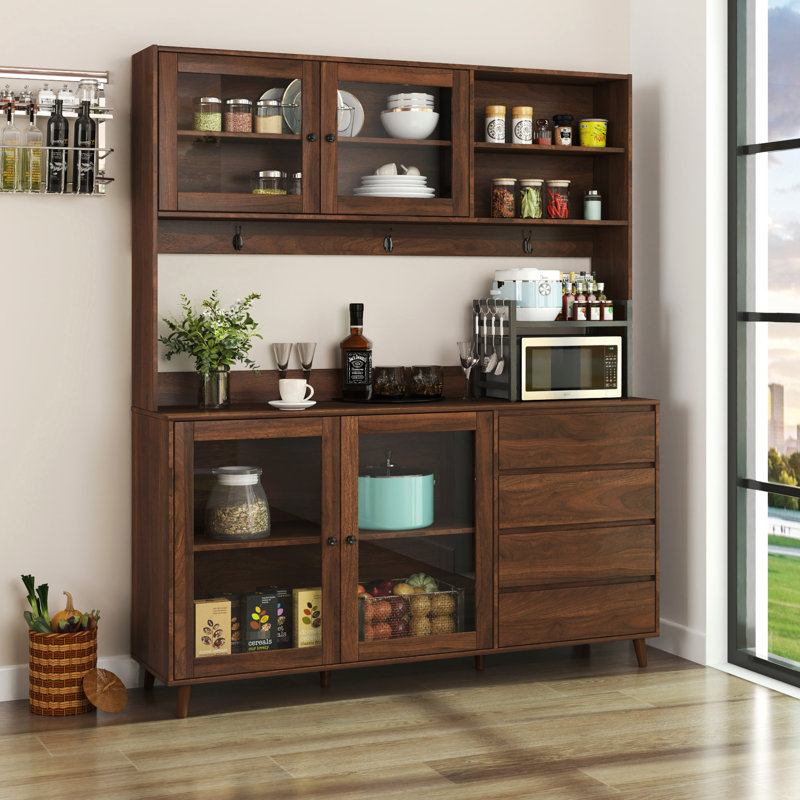 Armoire de cuisine en noyer de 63 po avec 4 portes, tiroirs et tablette à micro-ondes - Rangement autoportant pour différents endroits