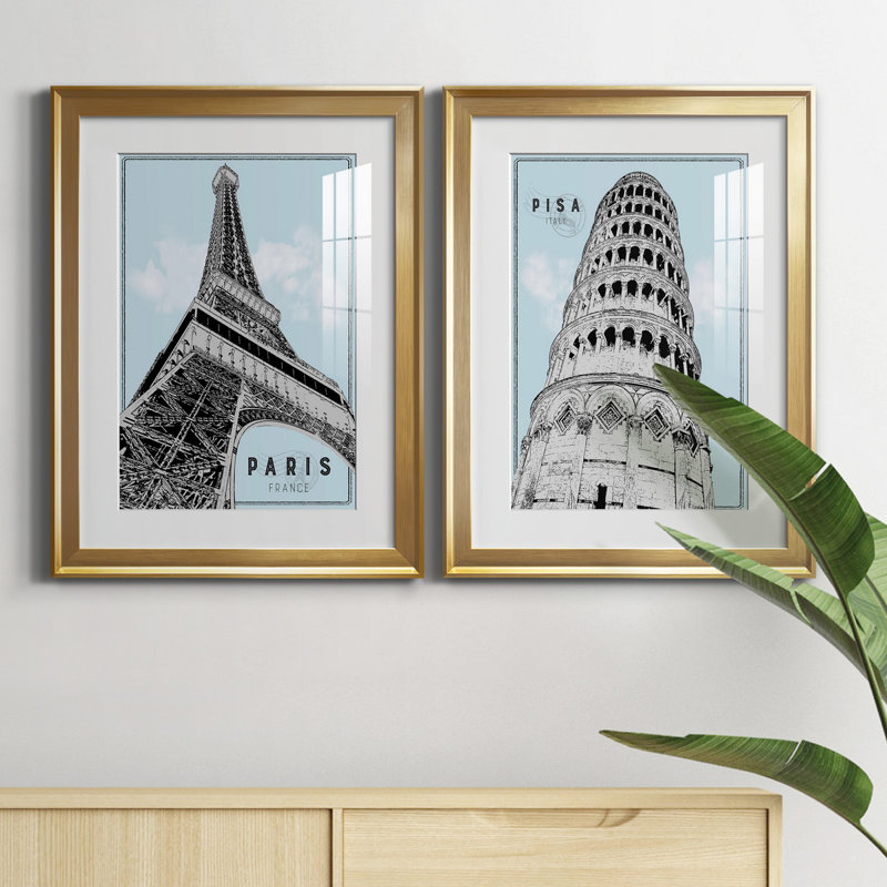 Mid Modern Paris - Ensemble de 2 reproductions d'art, Blanc, H 18,5 po x l 49 po x P 1,5 po, Papier encadré doré
