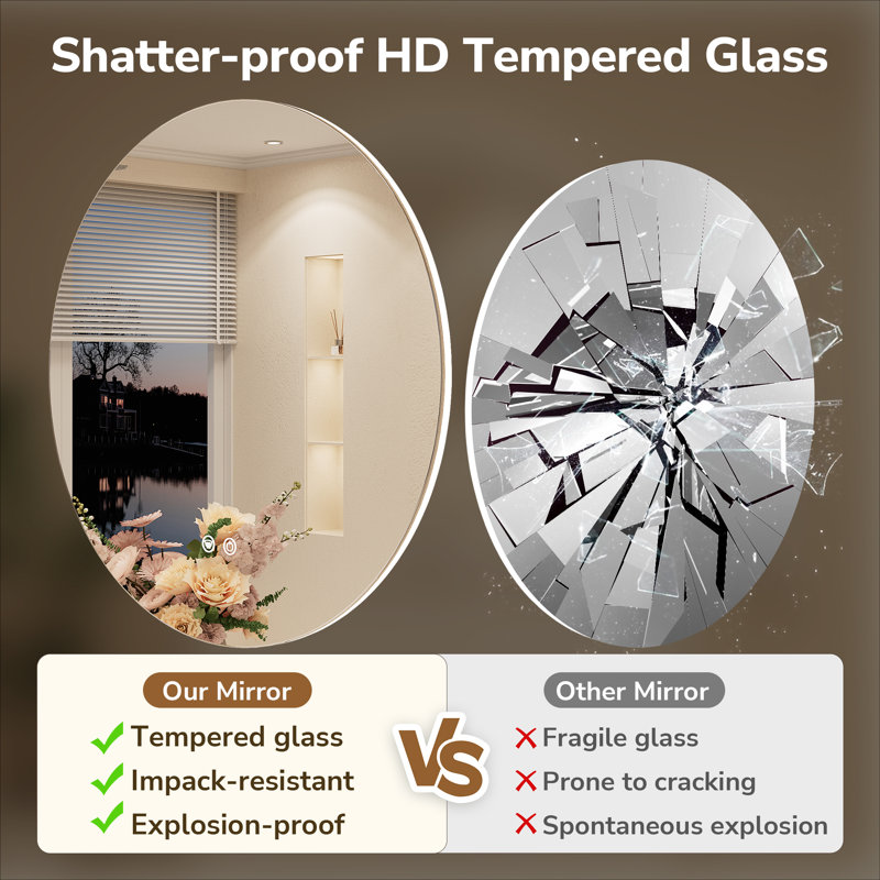 Adorna Round Frameless Backlit LED Bathroom Vanity Mirror, 32'' x 32''