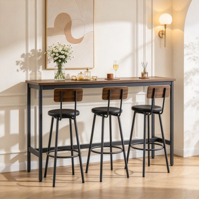 Ensemble de table de bar et chaises pour 3, ensemble de table de salle à manger industriel 4 pièces avec 3 tabourets de bar rembourrés en polyuréthane, ensemble de table de bar pour cuisine, salle à manger, salon, bar, café, coin petit espace, brun 