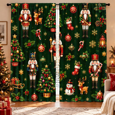 Ensemble de 2 rideaux festifs à motif Casse-Noisette, thème vintage des fêtes, tissu filtrant la lumière, protection de l'intimité, conception à œillets, lavables à la machine, adaptés au salon, à la chambre, à la décoration, essentiels pour les fêtes.