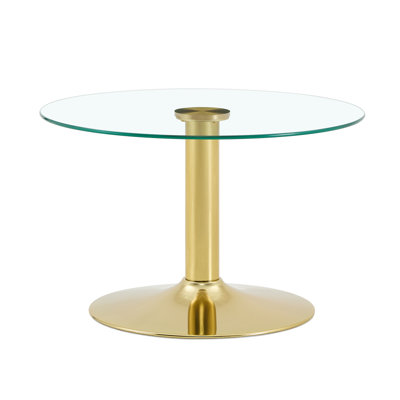 27.5-Inch Diameter Round Tempered Glass Coffee Table. 17.7 Inches High, Supported By A Golden Metal Base, With A Light Luxury Edge.