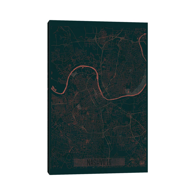 Nashville Infrared Urban Blueprint Map 1 Piece Wrapped Canvas Wall Art, 20.32 cm H x 30.48 cm W