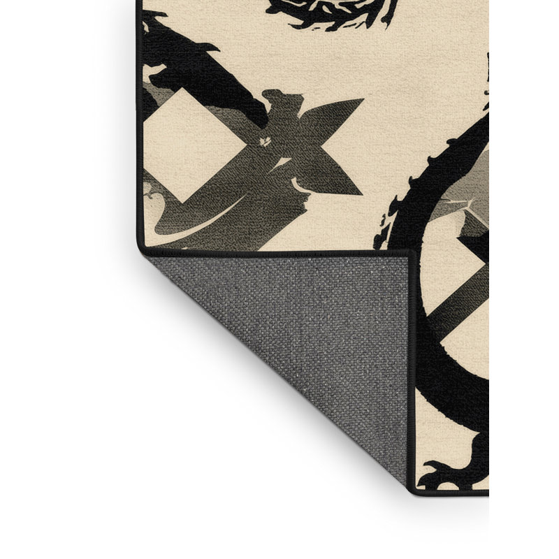 Tapis à motif géométrique doux et moelleux d'inspiration mondiale en forme de dragons en beige - reliure noire, 8 x 12