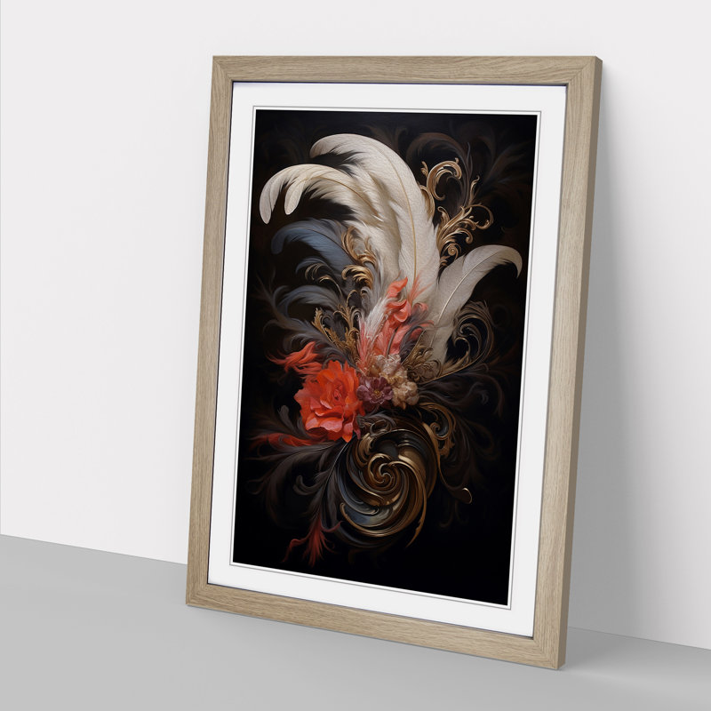 Feather Baroque - Single Picture Frame Print on Wood, 34cm H x 25cm W x 2cm D, Oak
