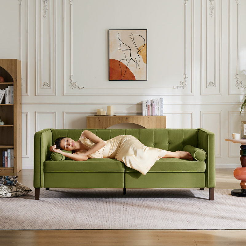 Canapé capitonné Chelsea, Velours vert olive, Structure en fer