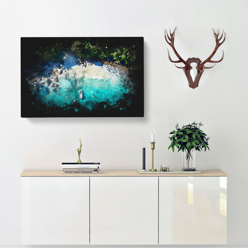 Boat by a Beach in the Seychelles Paint Splash - Wrapped Canvas, 40cm H x 60cm W x 3cm D