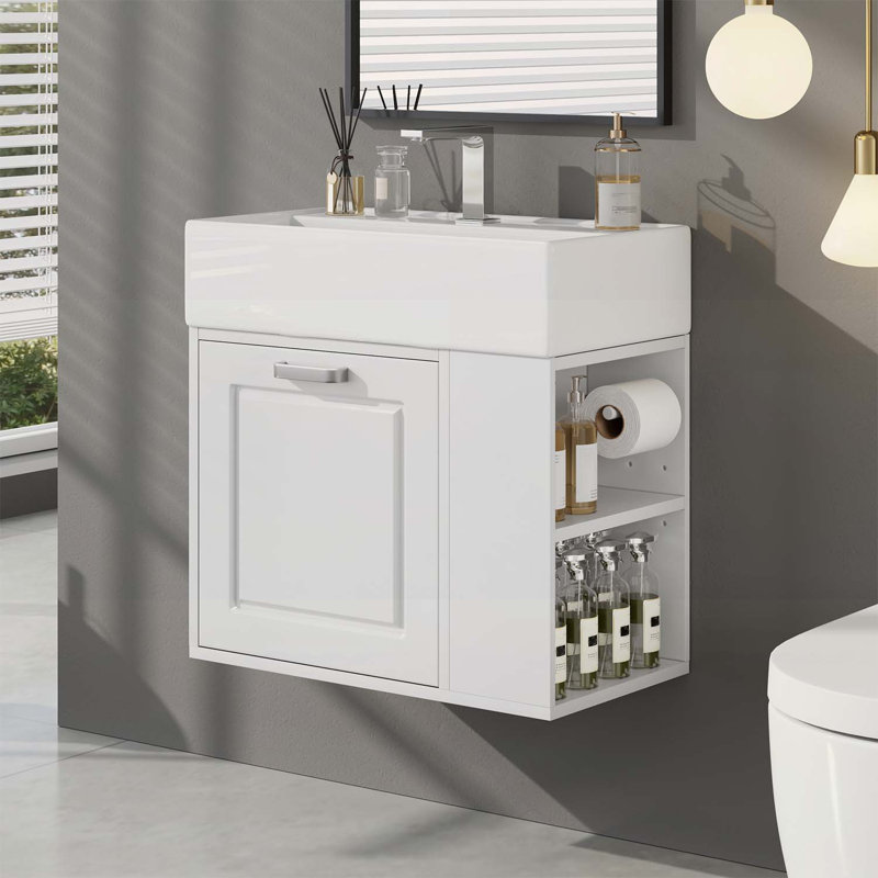 Meuble-lavabo mural flottant avec lavabo, grand tiroir, tablette réglable et système de fermeture en douceur, Blanc