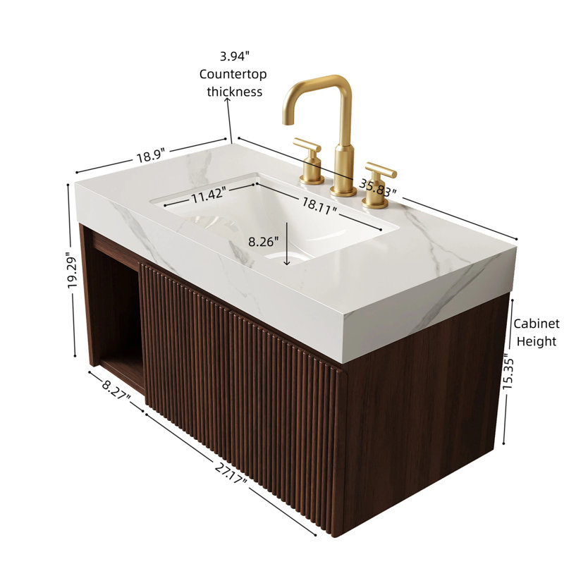 Meuble-lavabo suspendu de 91 cm (36 po) avec comptoir en pierre frittée et lavabo en céramique, Widespread