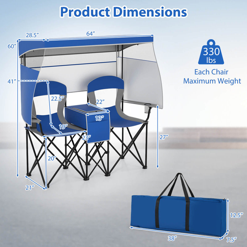 Double Beach Chair with Adjustable Canopy Oversized Folding Camping Chair Navy, Navy