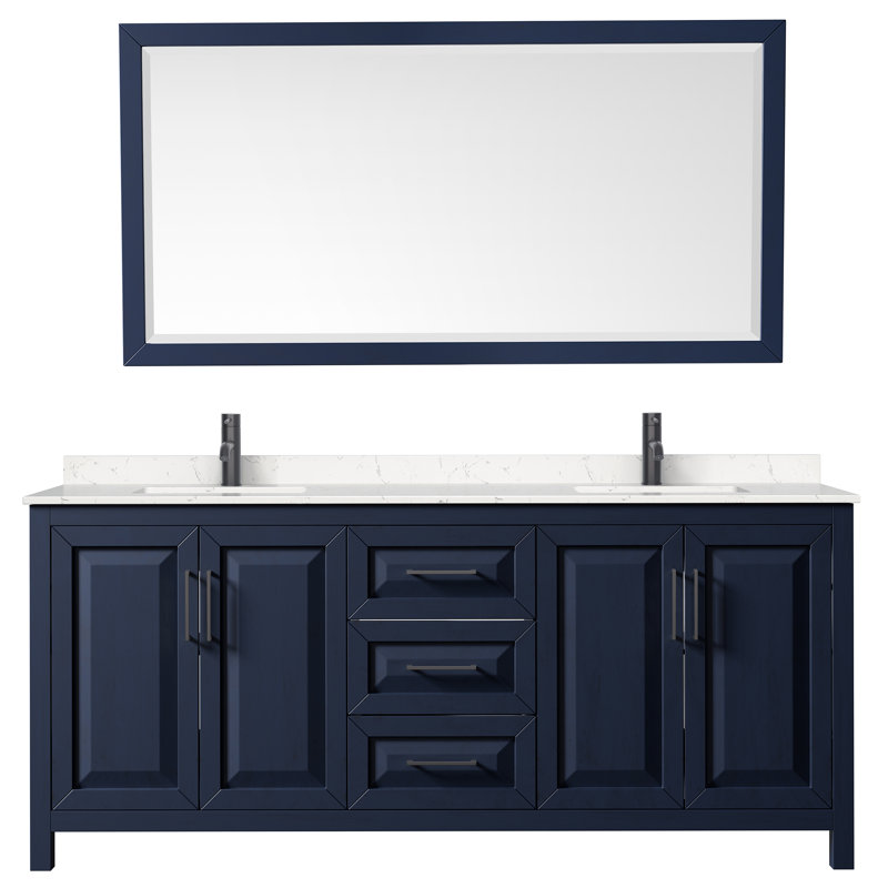Daria 72" Double Bathroom Vanity Set with Mirror, Dark Blue, Matte Black, 80"