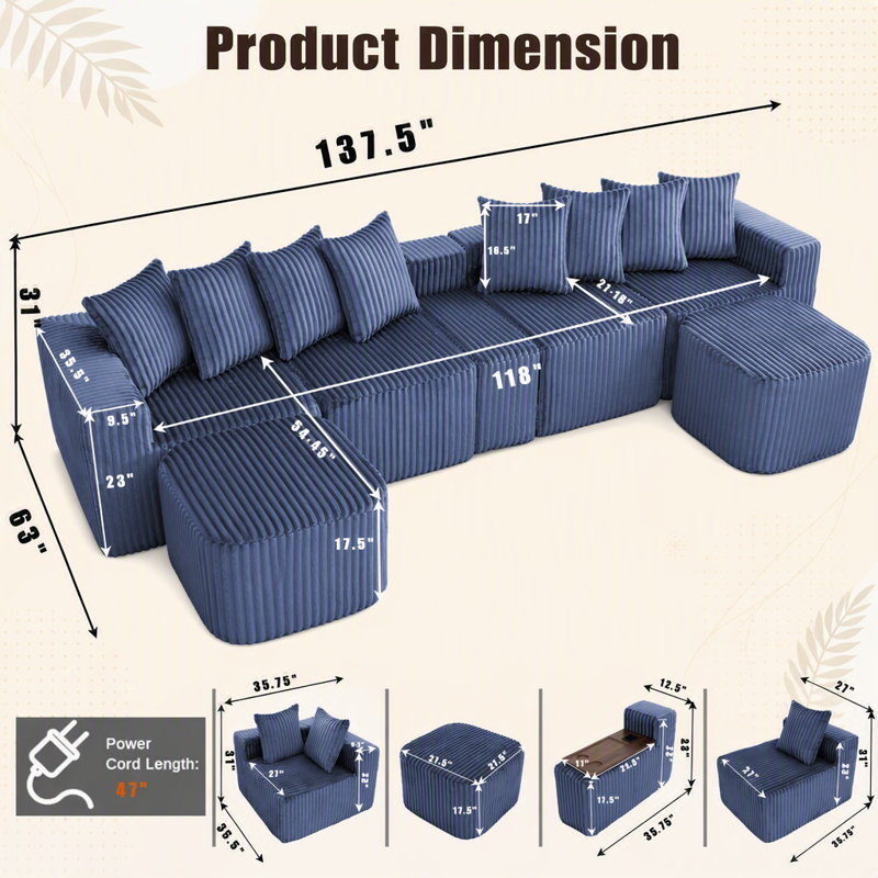 Canapé d'angle en U de 350 cm (137,5 po), chargement USB et sans fil, table basse avec porte-gobelet, canapé surdimensionné et modulable, repose-pieds amovible, 6 places, velours côtelé, bleu
