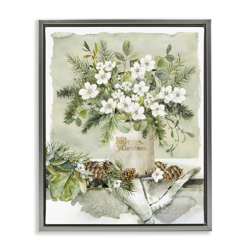 Vase de fleurs blanches de Noël, estampe numérique par Livi Finn, H 21 po x l 17 po, Cadre flottant gris lustré