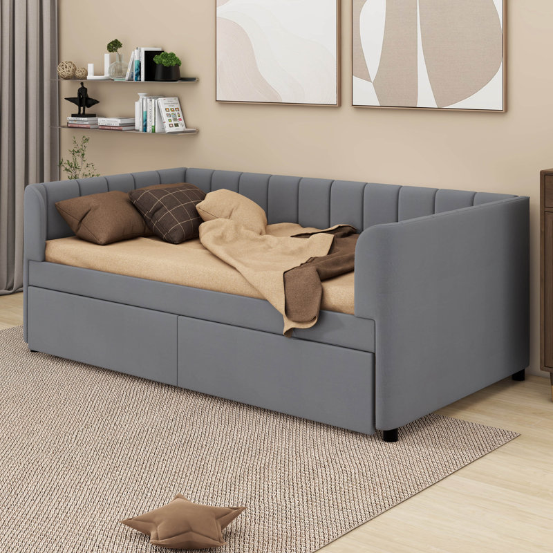 Shanav Twin Size Upholstered Daybed with Ergonomic Design Backrest and 2 Drawers, Grey